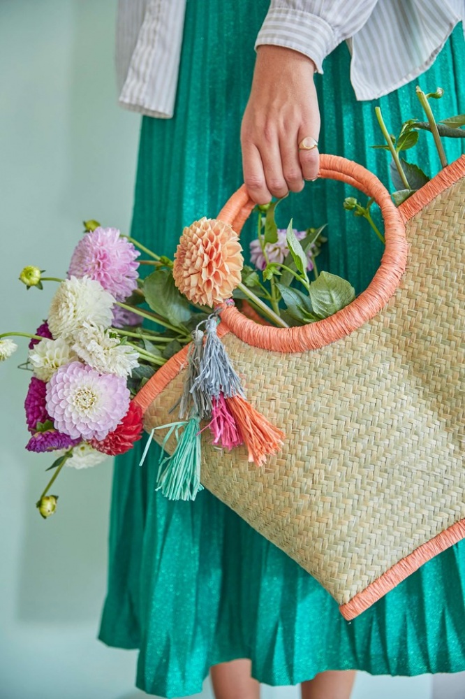 Raffia Shopping Basket in Coral with Tassels By Rice DK